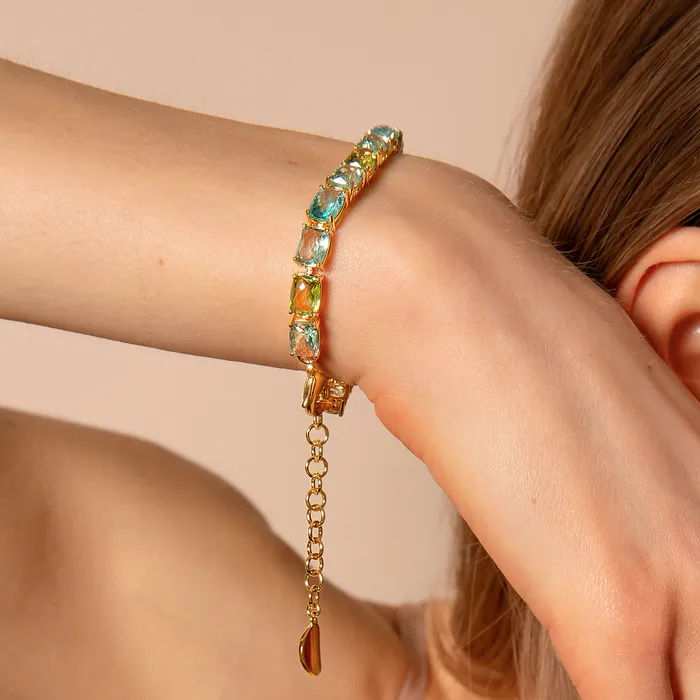 Necklaces Bracciale Tennis Golden con Prisma Gem Verdi e Blu Taglio Mosaico Bronzallure