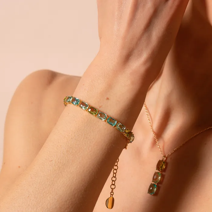 Necklaces Bracciale Tennis Golden con Prisma Gem Verdi e Blu Taglio Mosaico Bronzallure