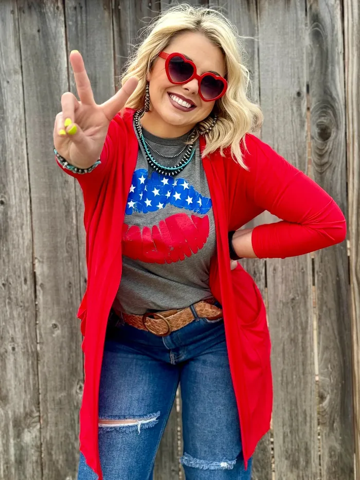 TEXAS TRUE THREADS Earrings RUBY RED SOFT MIDLENGTH CARDIGAN
