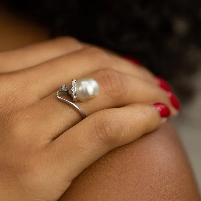 Antique Rings Edwardian Baroque Pearl Diamond and Platinum Ring