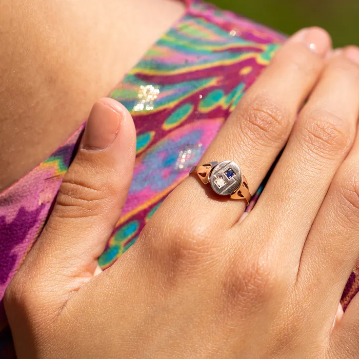 Early 20th Century Sapphire Pearl and 8k Gold Poison Ring Antique Rings
