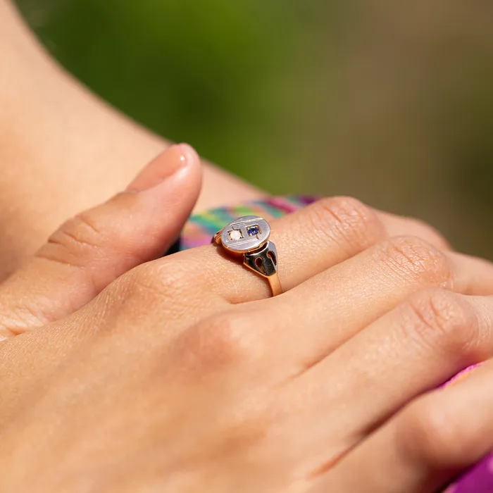Early 20th Century Sapphire Pearl and 8k Gold Poison Ring Antique Rings