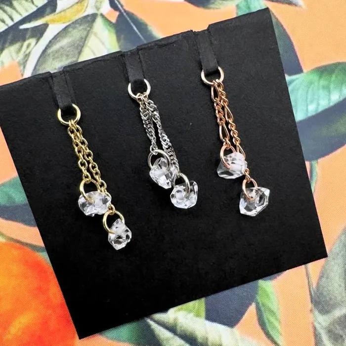 Earrings Double Herkimer Diamond Tosser Chain Charm in Gold with Herkimer Diamond Quartz Hialeah Fine Jewelry Earrings Double Herkimer Diamond Tosser Chain Charm in Gold with Herkimer Diamond Quartz Hialeah Fine Jewelry