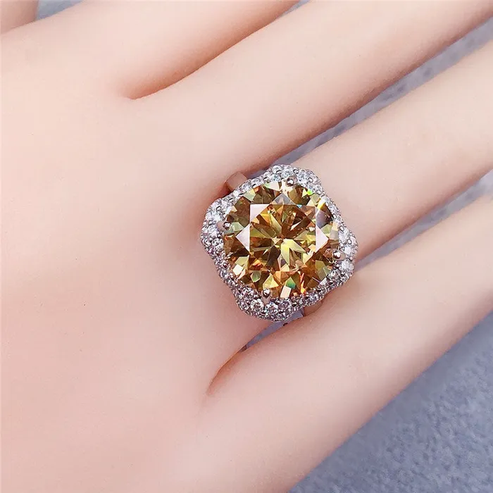 Leyloon Jewelry Rings 6 Carat Round Cut Moissanite Ring Octagon Halo Plain Shank VVS Vivid Yellow