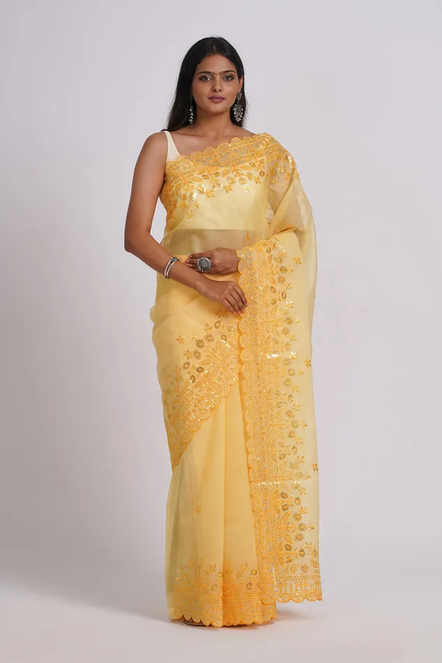 Necklaces Teejh Teejh Rania Light Yellow Sequin Embroidery Organza Saree Necklaces Teejh Teejh Rania Light Yellow Sequin Embroidery Organza Saree