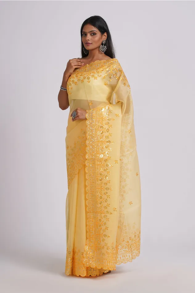 Necklaces Teejh Teejh Rania Light Yellow Sequin Embroidery Organza Saree Necklaces Teejh Teejh Rania Light Yellow Sequin Embroidery Organza Saree