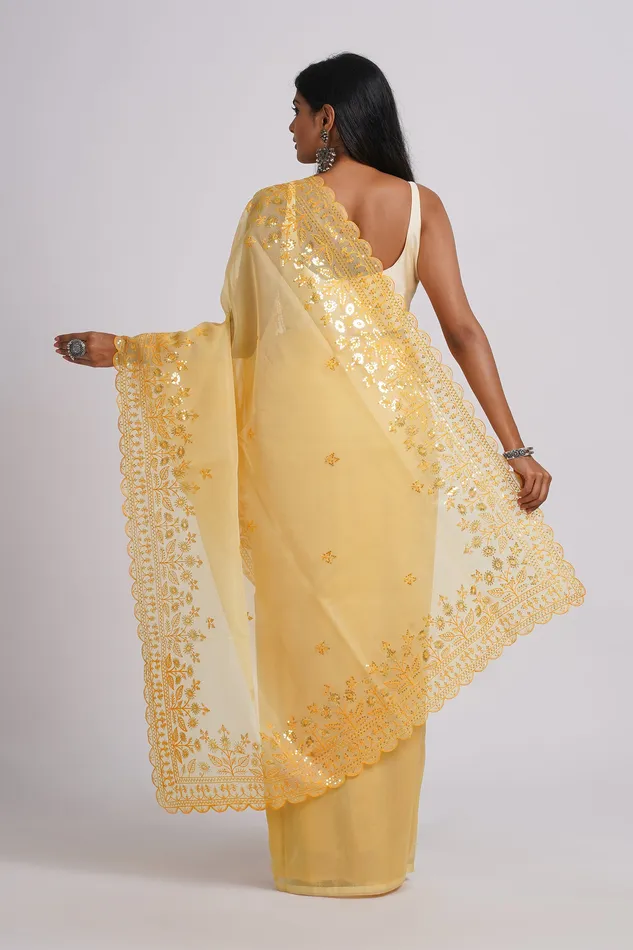 Necklaces Teejh Teejh Rania Light Yellow Sequin Embroidery Organza Saree Necklaces Teejh Teejh Rania Light Yellow Sequin Embroidery Organza Saree