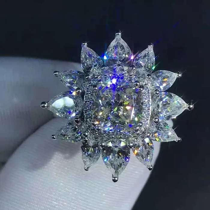 Rings Leyloon Jewelry 2 Carat Cushion Cut Moissanite Ring KM Colorless 13 Stone Double Halo Starburst Rings Leyloon Jewelry 2 Carat Cushion Cut Moissanite Ring KM Colorless 13 Stone Double Halo Starburst