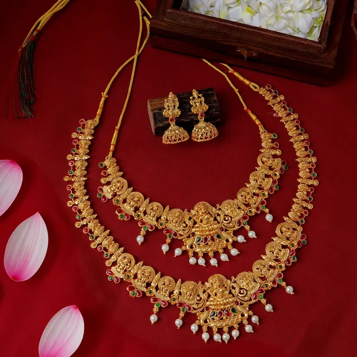 Teejh Kavitha Gold Red And Green Layered Necklace Set Teejh Necklaces