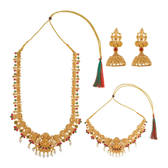 Teejh Kavitha Gold Red And Green Layered Necklace Set Teejh Necklaces