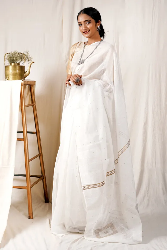 Teejh Rings Teejh Snowfall White Box Handloom Sequin Saree