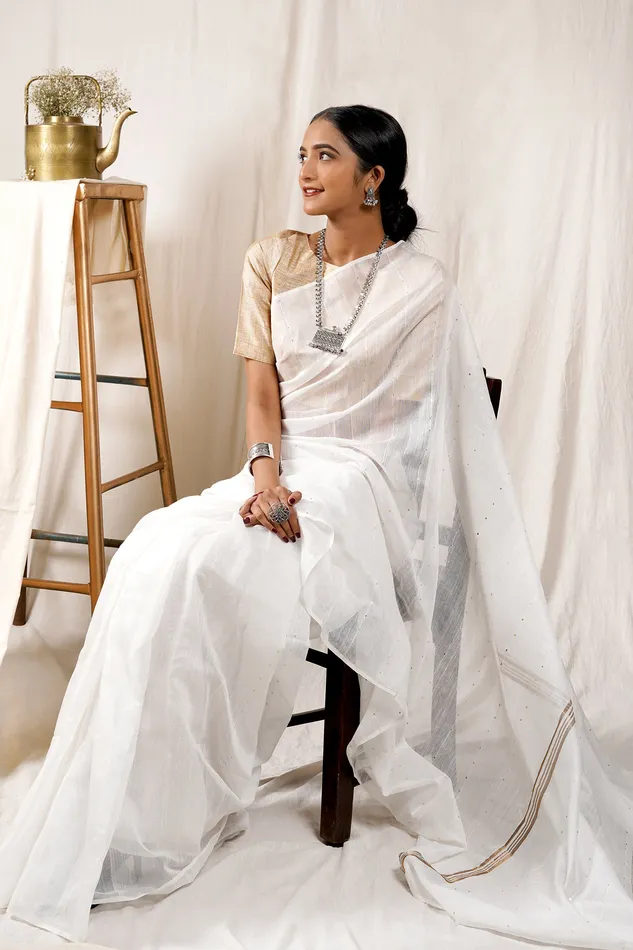 Teejh Rings Teejh Snowfall White Box Handloom Sequin Saree