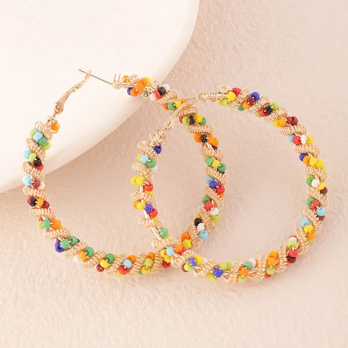 02 Earrings E1738 Gold Twisted Mesh Seed Bead Hoop Earrings