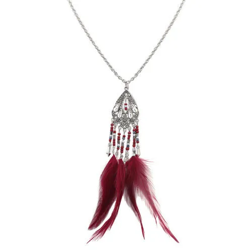 02 Necklaces N1518 Silver Burgundy Feather Tassel Necklace with FREE Earrings