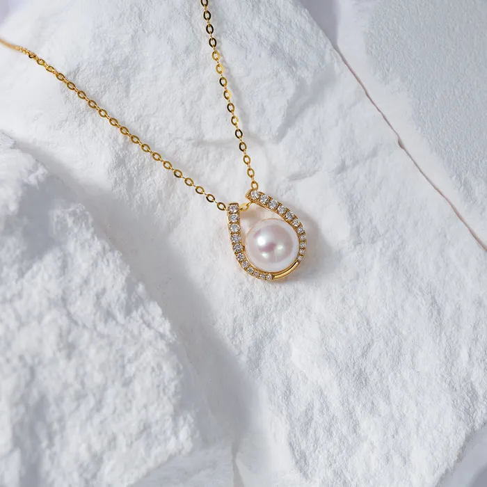 18K Solid Gold Diamond Hanadama Akoya Pearl Necklace KN00201 Pearly Lustre Necklaces