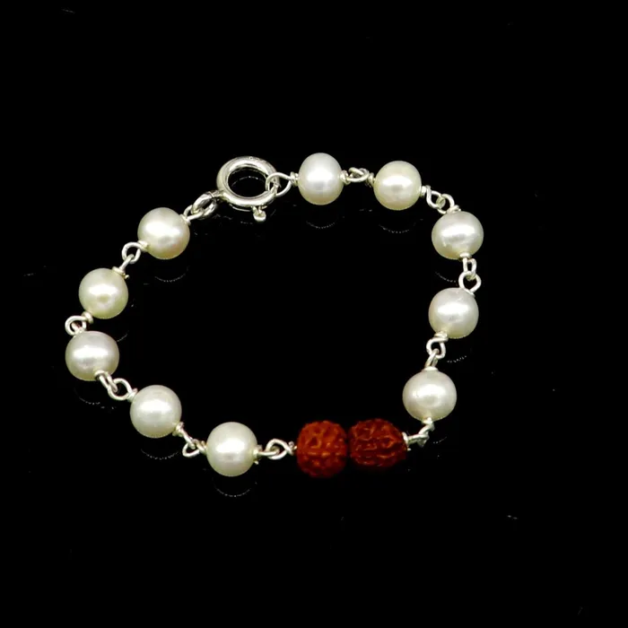 925 sterling silver handmade fabulous natural white pearl beaded baby bracelet with rudraksha best gift for kids bracelets jewelry bbr02 TRIBAL ORNAMENTS Bracelets
