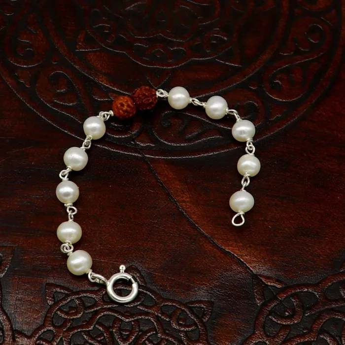 925 sterling silver handmade fabulous natural white pearl beaded baby bracelet with rudraksha best gift for kids bracelets jewelry bbr02 TRIBAL ORNAMENTS Bracelets