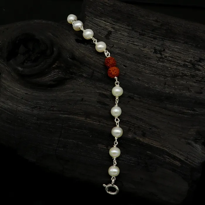925 sterling silver handmade fabulous natural white pearl beaded baby bracelet with rudraksha best gift for kids bracelets jewelry bbr02 TRIBAL ORNAMENTS Bracelets