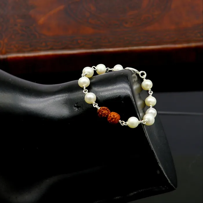 925 sterling silver handmade fabulous natural white pearl beaded baby bracelet with rudraksha best gift for kids bracelets jewelry bbr02 TRIBAL ORNAMENTS Bracelets
