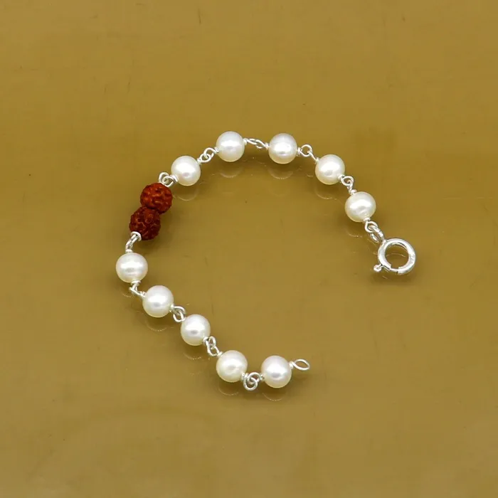 925 sterling silver handmade fabulous natural white pearl beaded baby bracelet with rudraksha best gift for kids bracelets jewelry bbr02 TRIBAL ORNAMENTS Bracelets