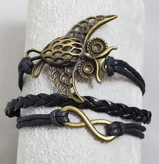Bracelets alice AZ988 Black Owl Infinity Layer Leather Bracelet