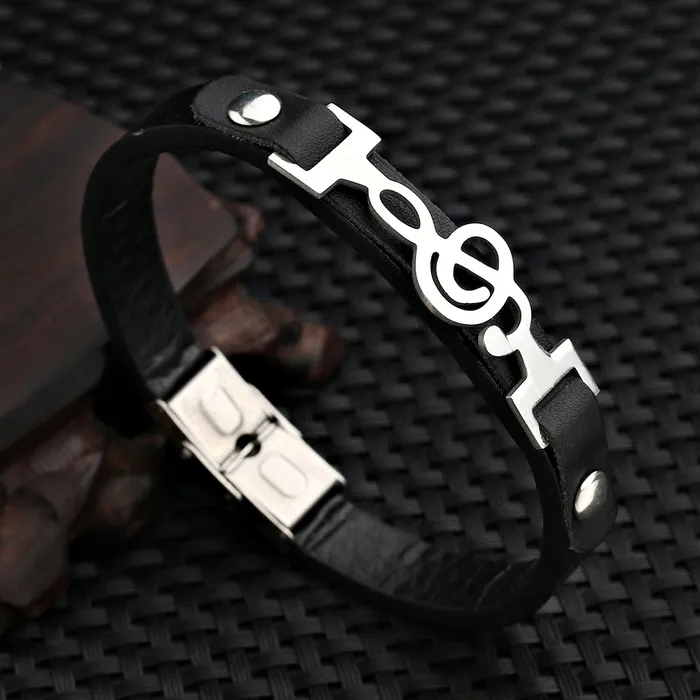 Bracelets liujun Official Store Black Leather Bracelet With Treble Clef