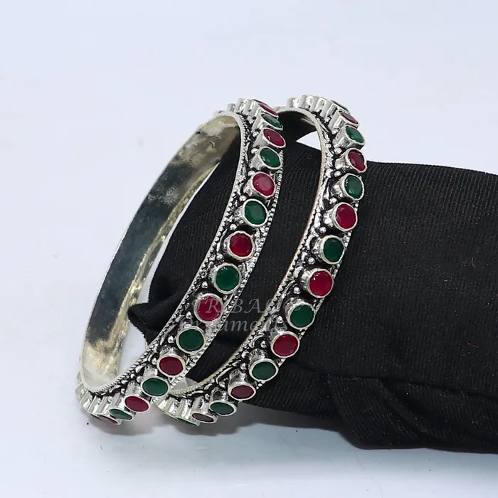 Bracelets TRIBAL ORNAMENTS 925 sterling silver handmade fabulous cut stone bangle bracelet gorgeous green and red color stone elegant girls womens jewelry ba175