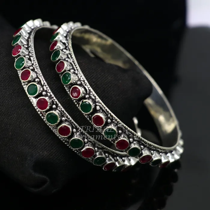 Bracelets TRIBAL ORNAMENTS 925 sterling silver handmade fabulous cut stone bangle bracelet gorgeous green and red color stone elegant girls womens jewelry ba175
