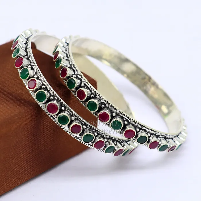 Bracelets TRIBAL ORNAMENTS 925 sterling silver handmade fabulous cut stone bangle bracelet gorgeous green and red color stone elegant girls womens jewelry ba175
