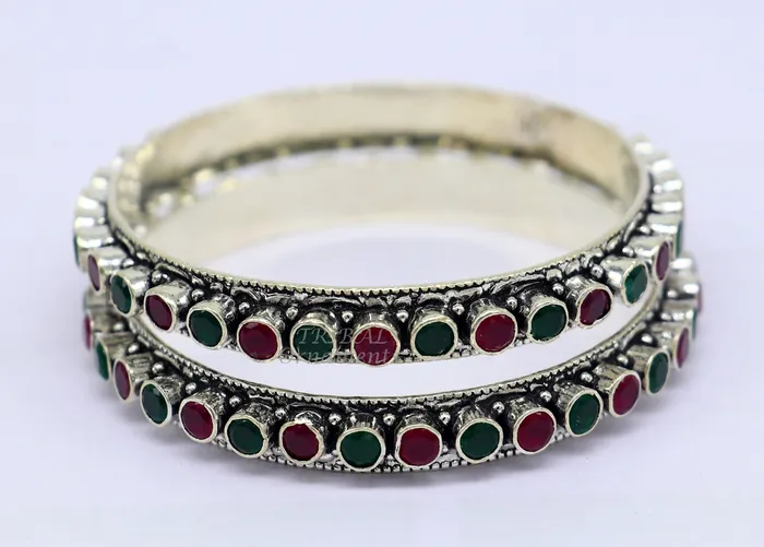 Bracelets TRIBAL ORNAMENTS 925 sterling silver handmade fabulous cut stone bangle bracelet gorgeous green and red color stone elegant girls womens jewelry ba175
