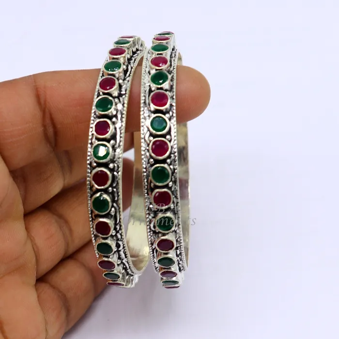 Bracelets TRIBAL ORNAMENTS 925 sterling silver handmade fabulous cut stone bangle bracelet gorgeous green and red color stone elegant girls womens jewelry ba175