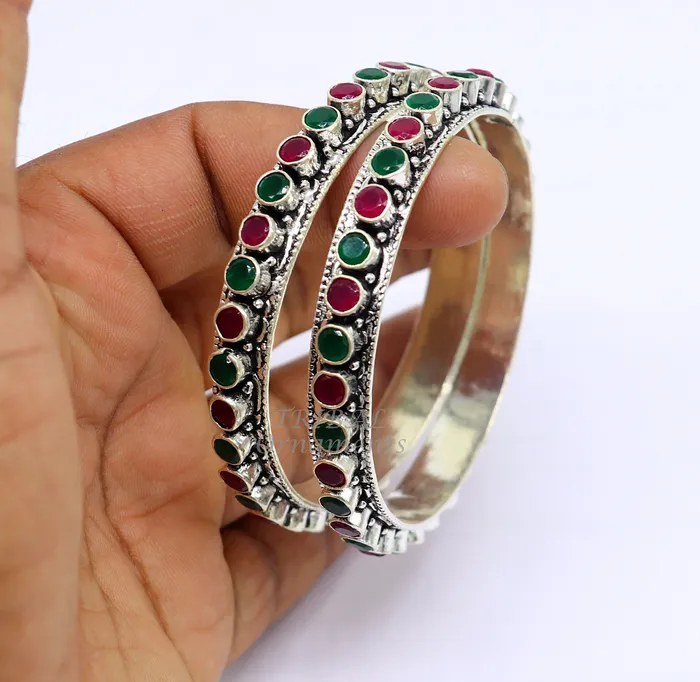 Bracelets TRIBAL ORNAMENTS 925 sterling silver handmade fabulous cut stone bangle bracelet gorgeous green and red color stone elegant girls womens jewelry ba175