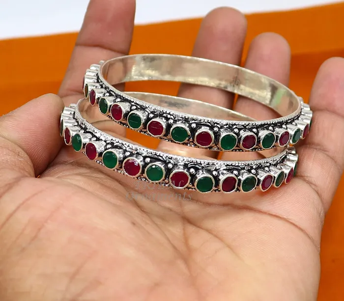 Bracelets TRIBAL ORNAMENTS 925 sterling silver handmade fabulous cut stone bangle bracelet gorgeous green and red color stone elegant girls womens jewelry ba175