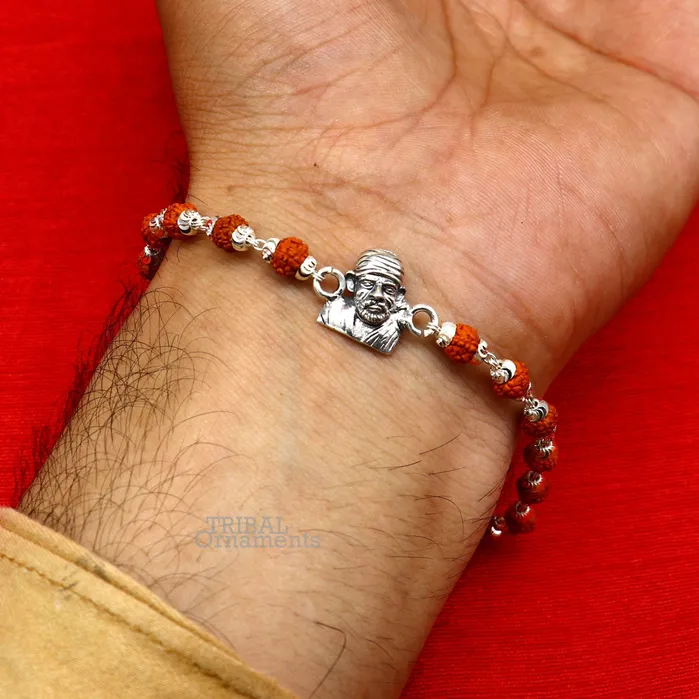 Bracelets TRIBAL ORNAMENTS 925 sterling silver handmade Sai baba design rakhi bracelet available in rudraksha black basil tulsi or silver beaded bracelet rk234 Bracelets TRIBAL ORNAMENTS 925 sterling silver handmade Sai baba design rakhi bracelet available in rudraksha black basil tulsi or silver beaded bracelet rk234
