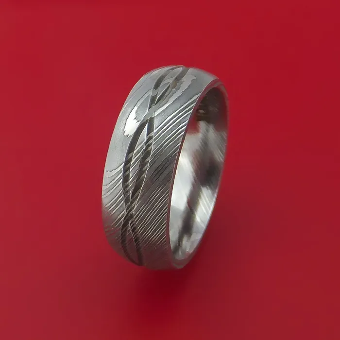 Damascus Steel Ring with Infinity Milled Celtic Design Inlay Custom Made Band Lashbrook Rings Damascus Steel Ring with Infinity Milled Celtic Design Inlay Custom Made Band Lashbrook Rings
