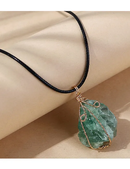 Earrings 02 N194 Green Natural Stone on Leather Cord Necklace FREE Earrings