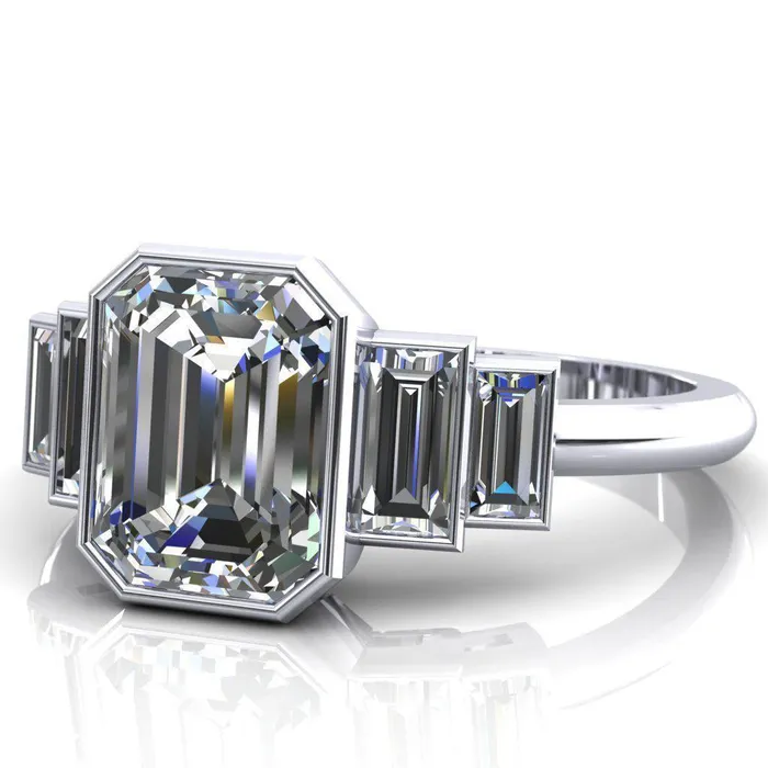 Fire Brilliance Lois Emerald Center Stone Baguette Accent 5 Stone Ring Rings