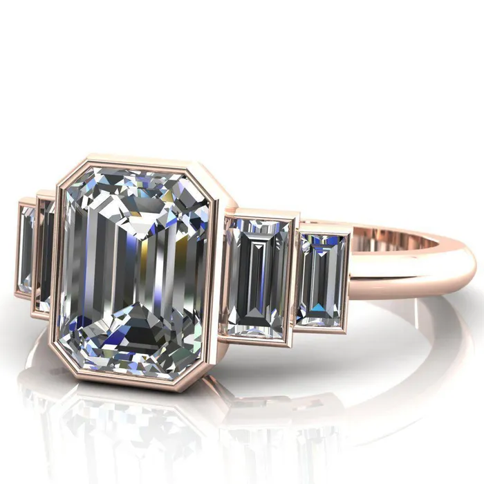 Fire Brilliance Lois Emerald Center Stone Baguette Accent 5 Stone Ring Rings