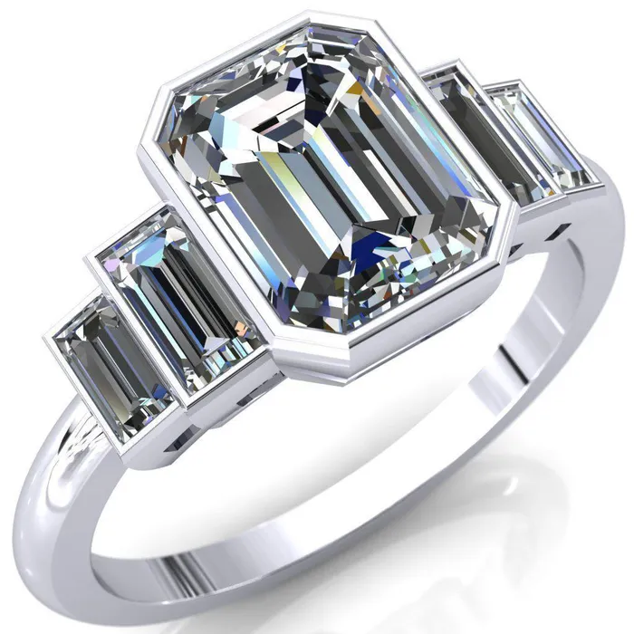 Fire Brilliance Lois Emerald Center Stone Baguette Accent 5 Stone Ring Rings