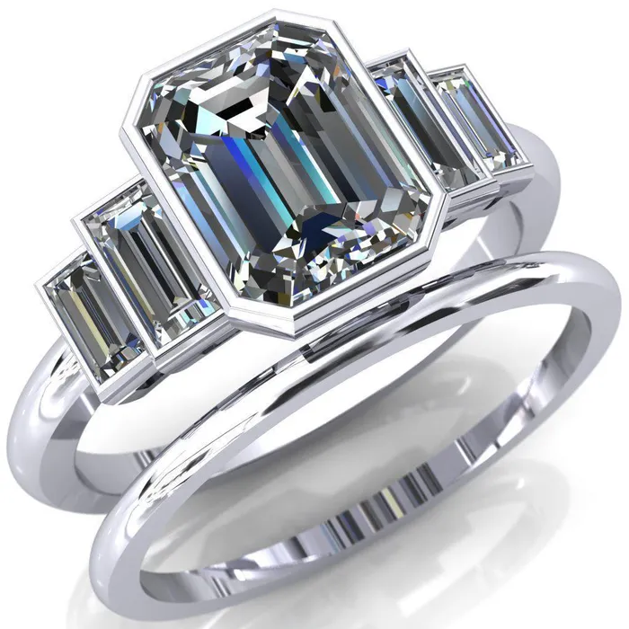 Fire Brilliance Lois Emerald Center Stone Baguette Accent 5 Stone Ring Rings