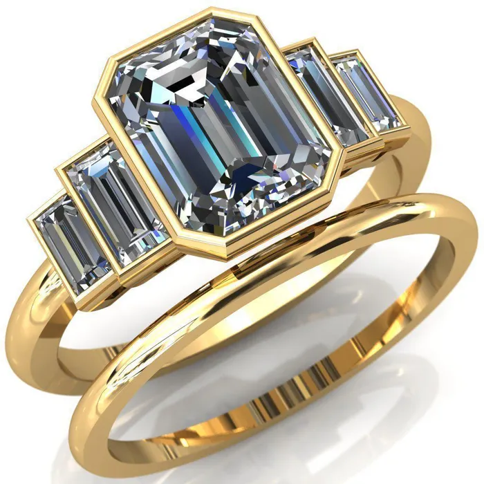 Fire Brilliance Lois Emerald Center Stone Baguette Accent 5 Stone Ring Rings