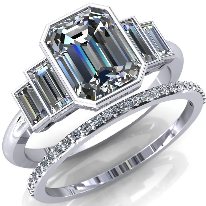 Fire Brilliance Lois Emerald Center Stone Baguette Accent 5 Stone Ring Rings