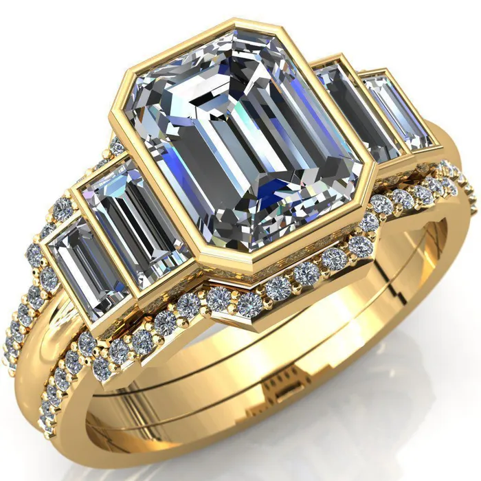 Fire Brilliance Lois Emerald Center Stone Baguette Accent 5 Stone Ring Rings