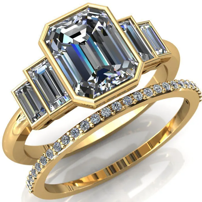 Fire Brilliance Lois Emerald Center Stone Baguette Accent 5 Stone Ring Rings