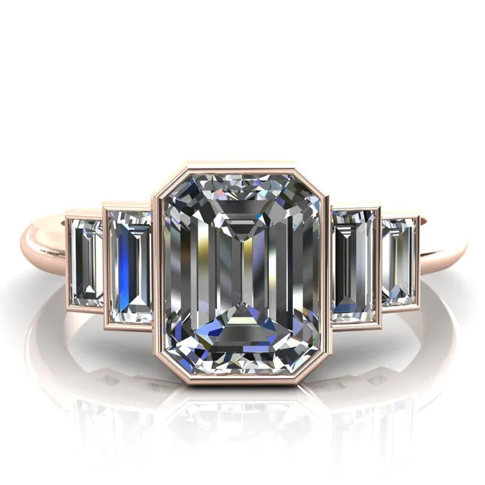 Fire Brilliance Lois Emerald Center Stone Baguette Accent 5 Stone Ring Rings