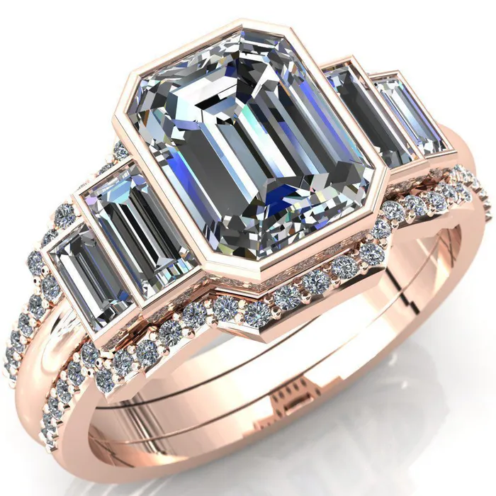 Fire Brilliance Lois Emerald Center Stone Baguette Accent 5 Stone Ring Rings
