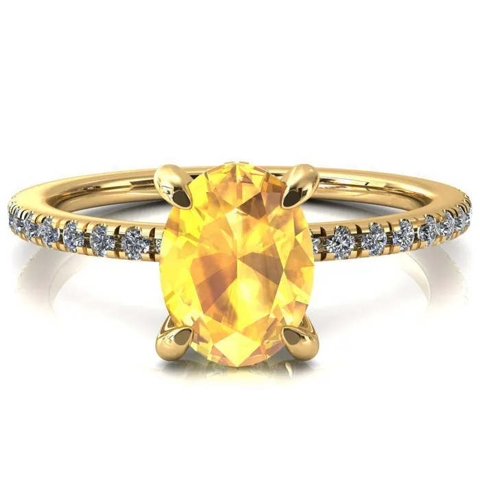 Fire Brilliance Rings Ezili Oval Yellow Sapphire 4 Claw Prong Micro Pave Diamond Sides Engagement Ring