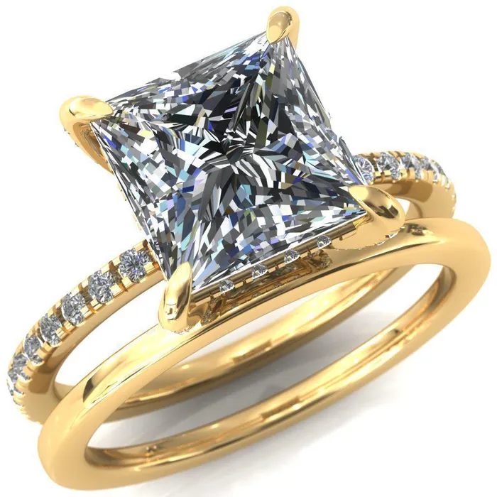 Fire Brilliance Rings Ezili PrincessSquare Moissanite 4 Claw Prong Micro Pave Diamond Sides Engagement Ring