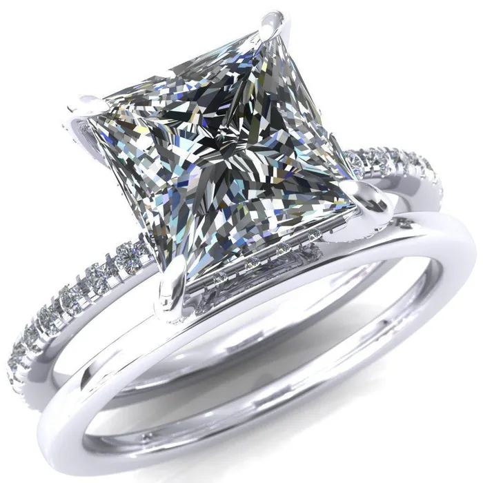 Fire Brilliance Rings Ezili PrincessSquare Moissanite 4 Claw Prong Micro Pave Diamond Sides Engagement Ring