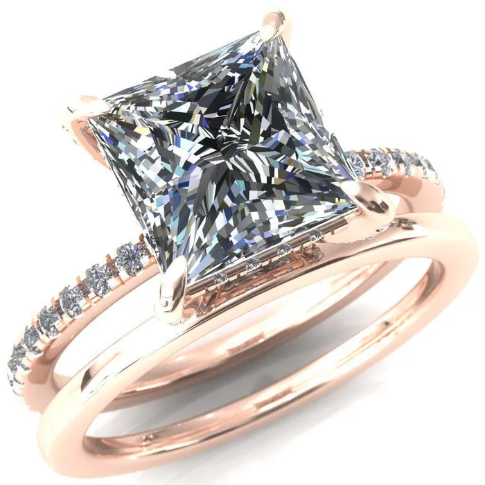 Fire Brilliance Rings Ezili PrincessSquare Moissanite 4 Claw Prong Micro Pave Diamond Sides Engagement Ring